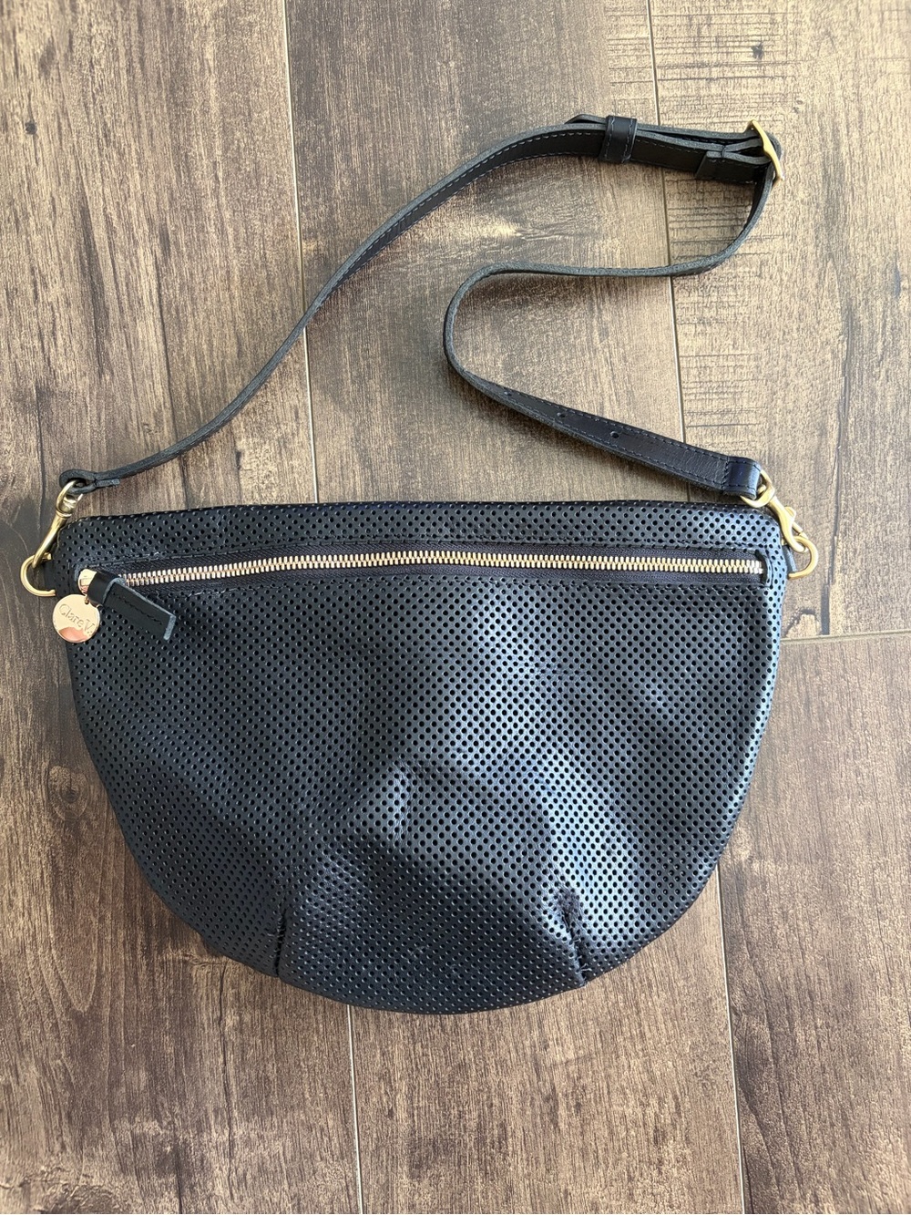 Clare V Grande Fanny Black Perforated Leather Crossbody with Gold Hardware